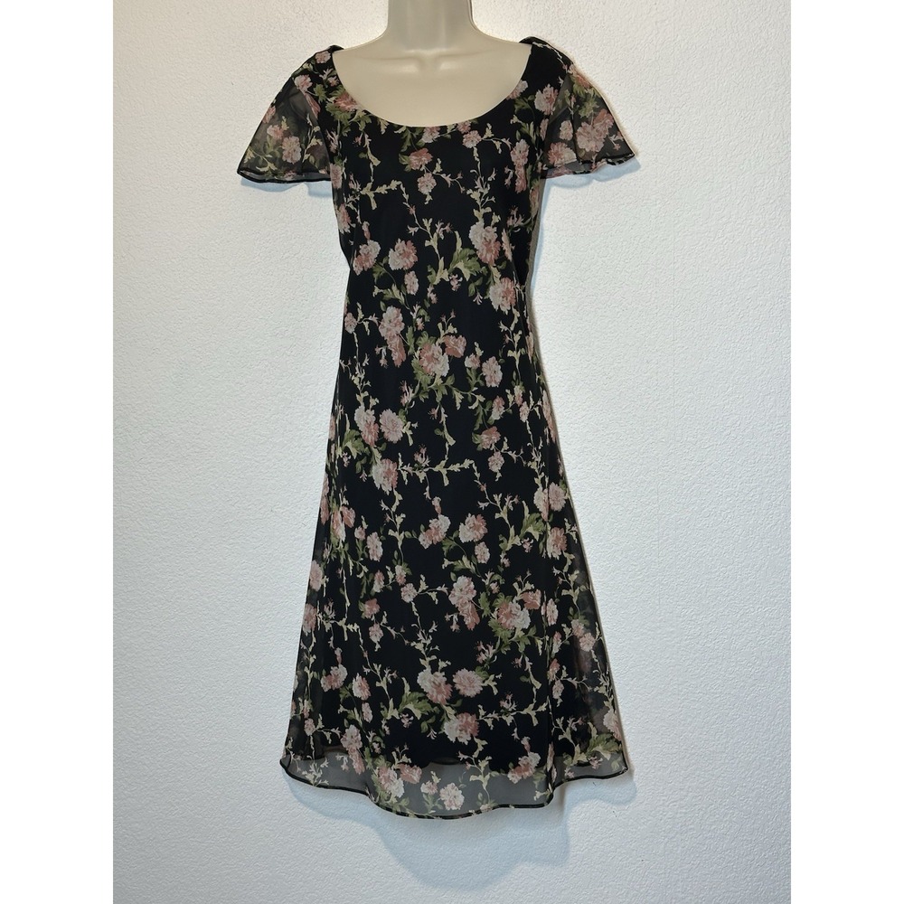 Vintage Positive Attitude Midi Dress Petite 12 P Dark Floral Fairy Whimsigoth